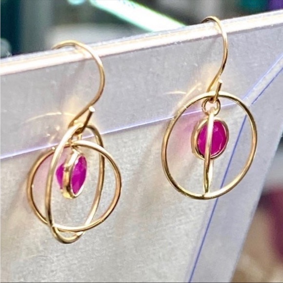 10k Yellow Gold 2 Carat Ruby Orbiting Dangle Saturn Spinning Drop Earrings - Picture 6 of 12